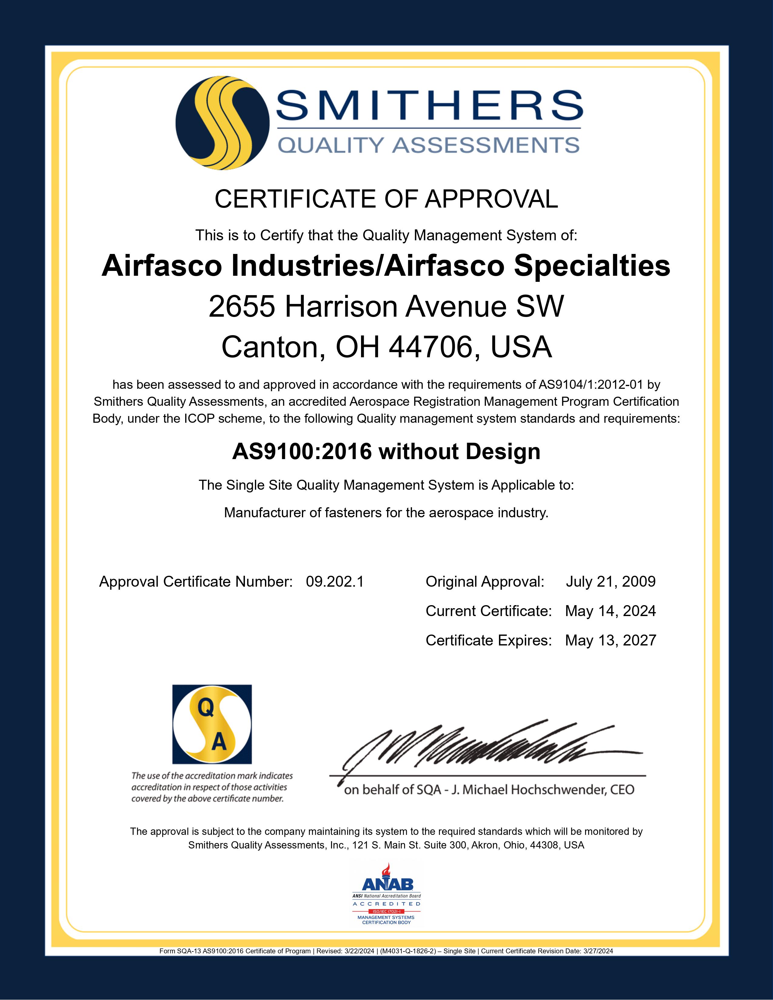 AS 9100:2016 Certificate of Approval
